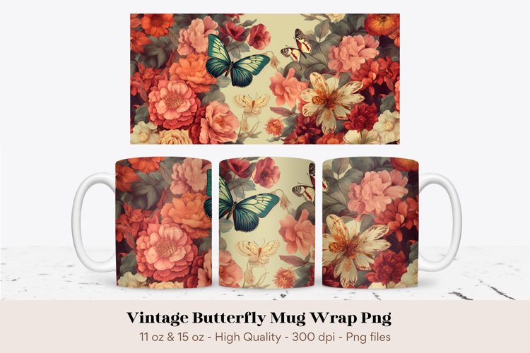 Butterfly Mug Wrap Png | Vintage Butterfly Sublimation Mug
