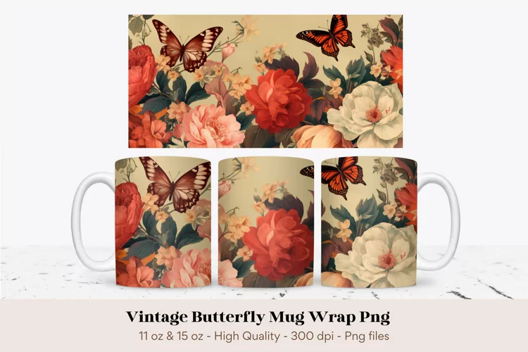 Butterfly Mug Wrap Png | Vintage Butterfly Sublimation Mug