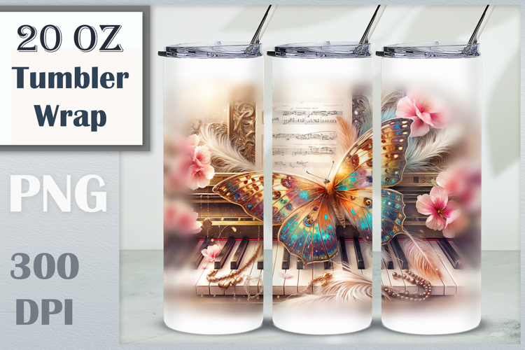 Download this enchanting Butterfly Piano Tumbler Wrap for 20 oz sublimation tumblers. A perfect mix of music, art, and boho charm. High-quality PNG (300 dpi).