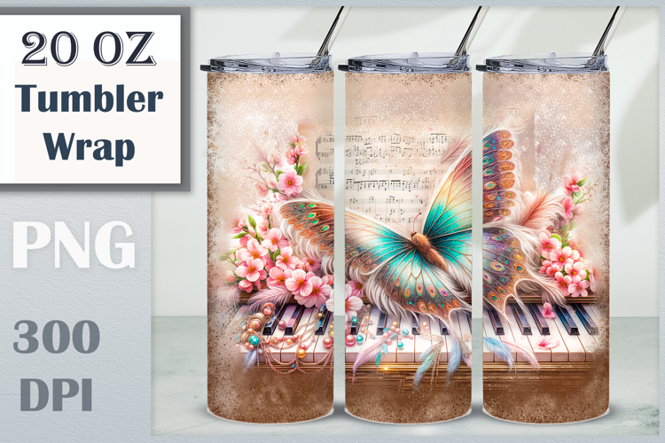 Musical Butterfly Tumbler Wrap | Sublimation Design | 20 Oz