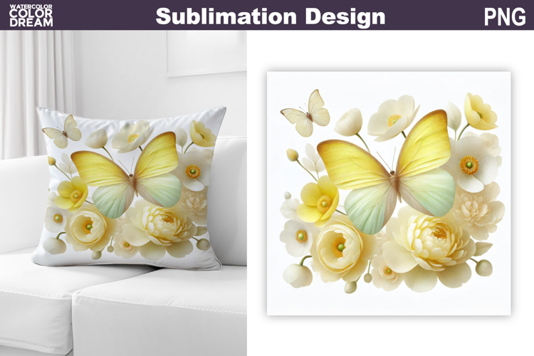 Butterfly Floral Sublimation | 3D Butterfly Flowers Pillow