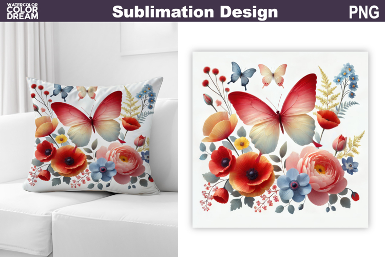 Butterfly Floral Sublimation | 3D Butterfly Flowers Pillow