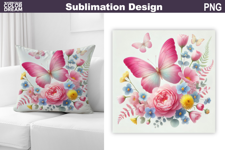 Butterfly Floral Sublimation | 3D Butterfly Flowers Pillow