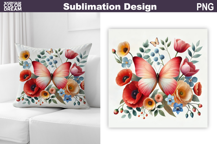 Butterfly Floral Sublimation | 3D Butterfly Flowers Pillow