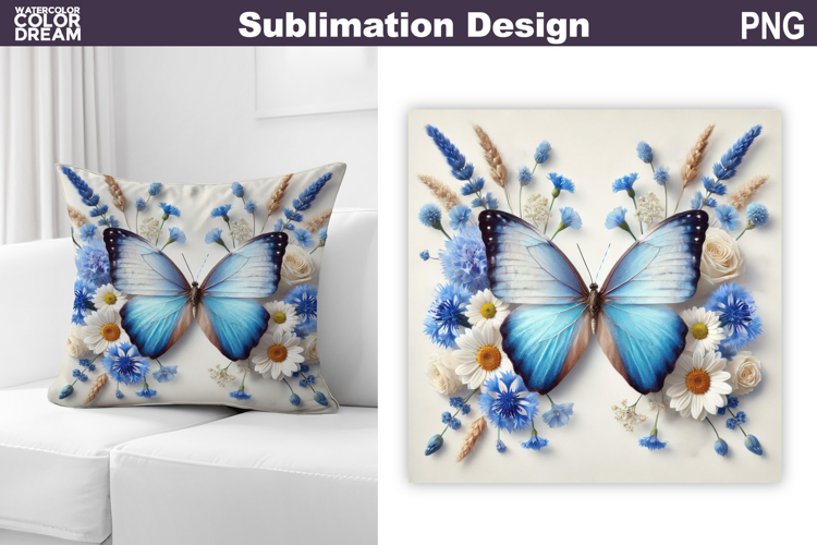 Butterfly Floral Sublimation | 3D Butterfly Flowers Pillow