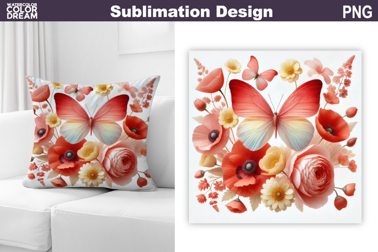 Butterfly Floral Sublimation | 3D Butterfly Flowers Pillow