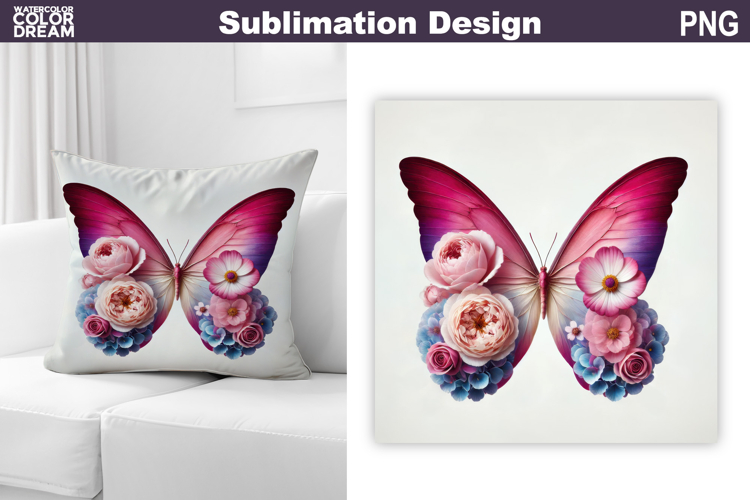 Butterfly Floral Sublimation | 3D Butterfly Flowers Pillow