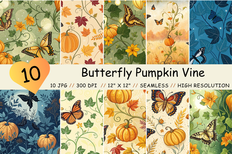 Butterfly Pumpkin Vine Digital Paper, Seamless Pattern