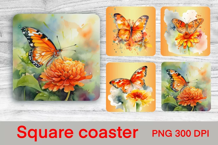 Butterfly square coaster sublimation | Butterfly coaster PNG