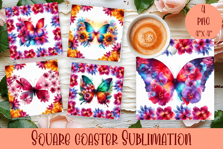 Butterfly square coaster sublimation | Butterfly coaster PNG