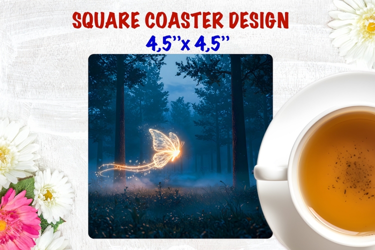 Bright Butterfly square coaster sublimation, night in forest