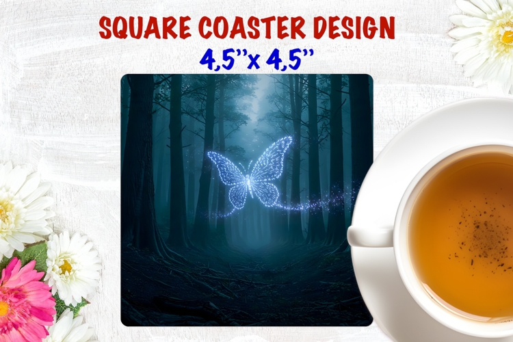 Light Butterfly square coaster sublimation, night forest