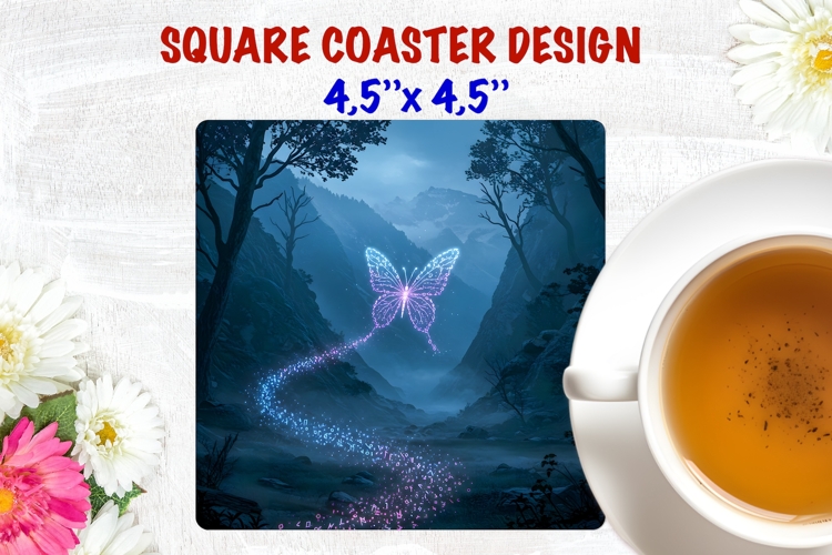 Bright Butterfly square coaster sublimation, night forest