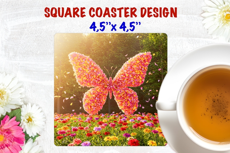 Floral Butterfly square coaster sublimation, flowers field