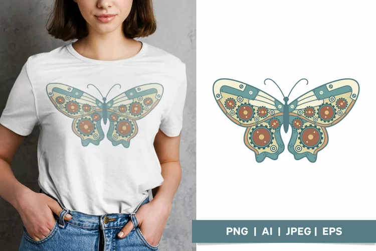 Butterfly Steampunk Vintage Art in Muted Teal & Brown