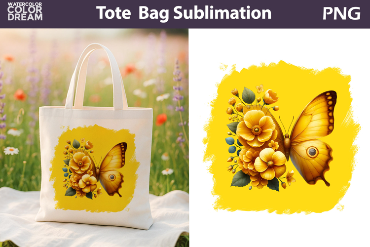 Butterfly Floral Tote Bag | Yellow Butterfly Flowers Sublima