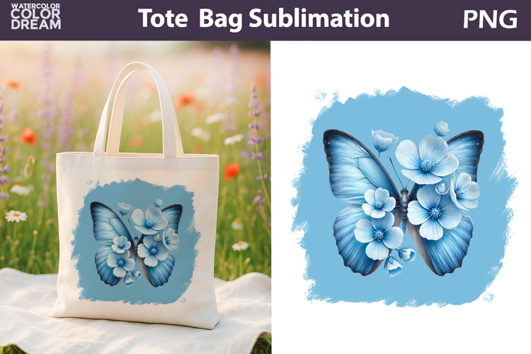 Butterfly Floral Tote Bag | Blue Butterfly Flowers Sublima