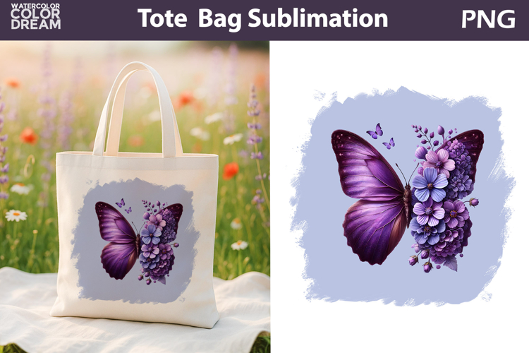 Butterfly Floral Tote Bag | Purple Butterfly Flowers Sublima
