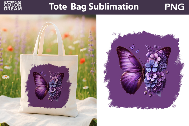Butterfly Floral Tote Bag | Purple Butterfly Flowers Sublima