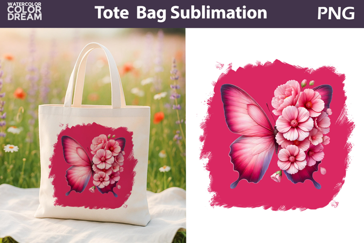Butterfly Floral Tote Bag | Pink Butterfly Flowers Sublimat