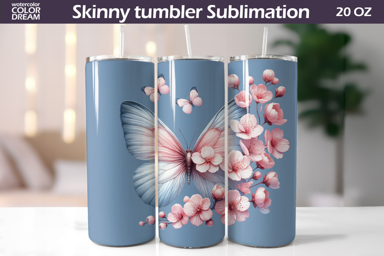 Pastel Blue Pink Butterfly Tumbler Sublimation | Floral Ince
