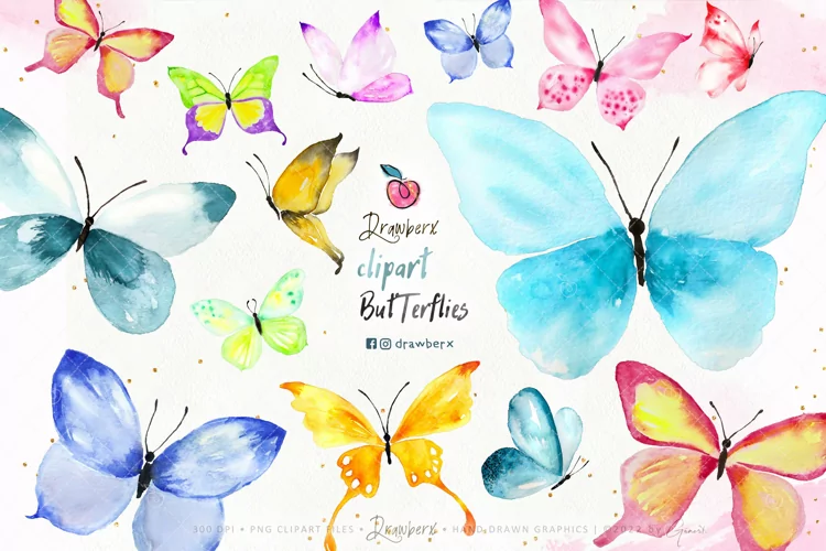 Watercolor Butterflies, hand painted, png file - 004