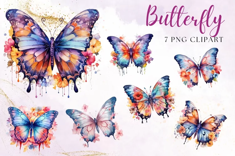 Butterfly Flower Watercolor Clipart Sublimation PNG