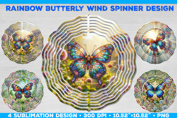 Wind Spinner Sublimation Design with Rainbow Butterflies PNG