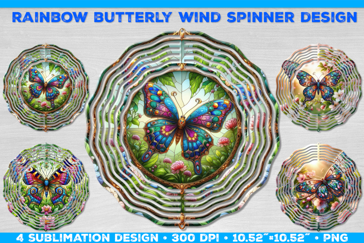 Wind Spinner Sublimation Design with Rainbow Butterflies PNG