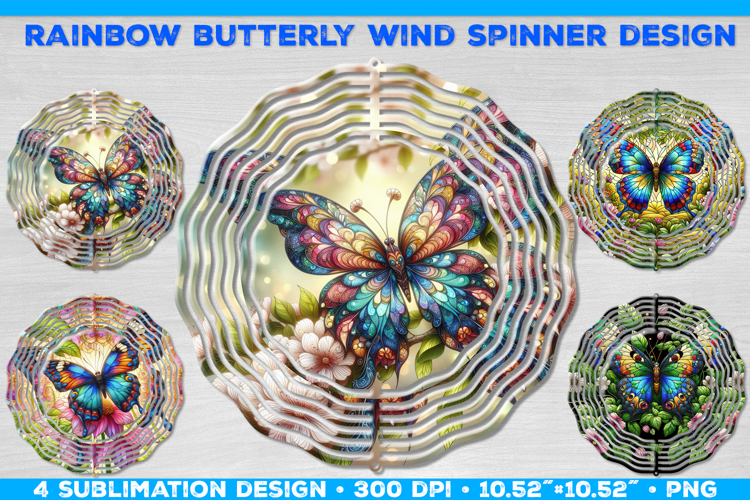 Wind Spinner Sublimation Design with Rainbow Butterflies PNG
