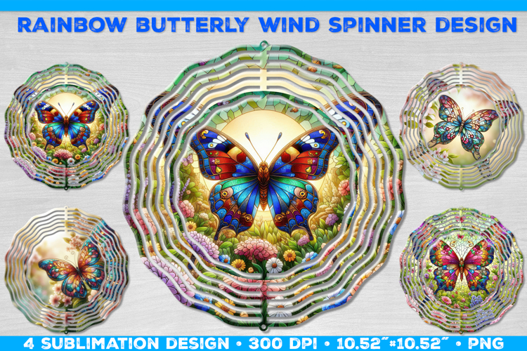 Wind Spinner Sublimation Design with Rainbow Butterflies PNG