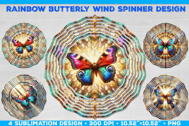 Wind Spinner Sublimation Design with Rainbow Butterflies PNG