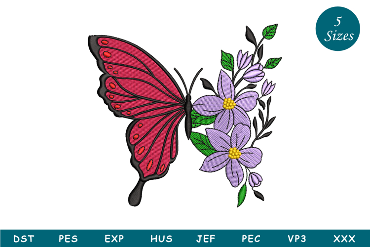 Butterfly With Floral Flowers Machine Embroidery
