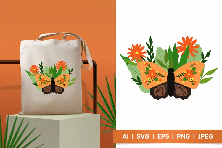 Butterfly with Vibrant Flowers and Foliage Illustration