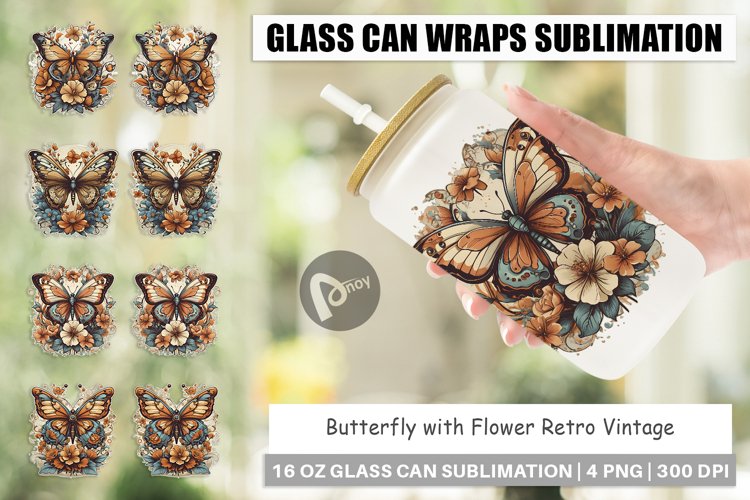 Glass Can Wraps Butterfly and Flower