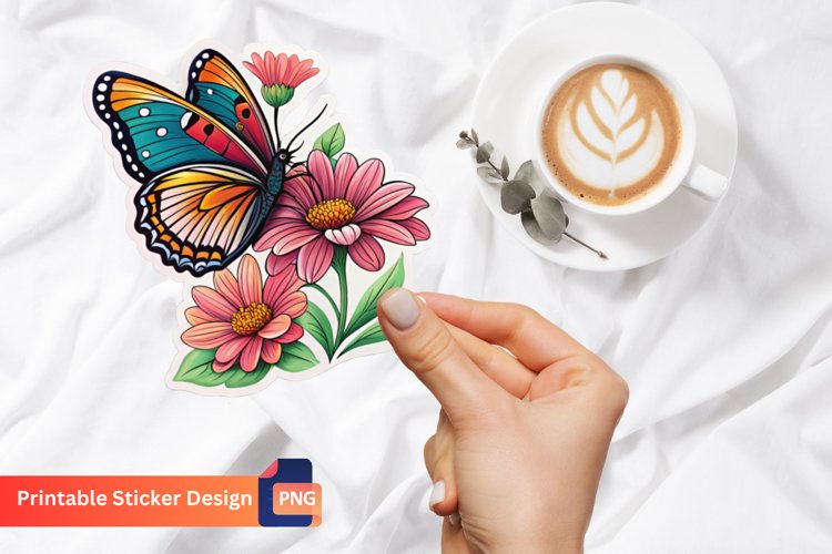 Butterfly With Flower Sticker, Decorative Butterfly Sticker example image 1