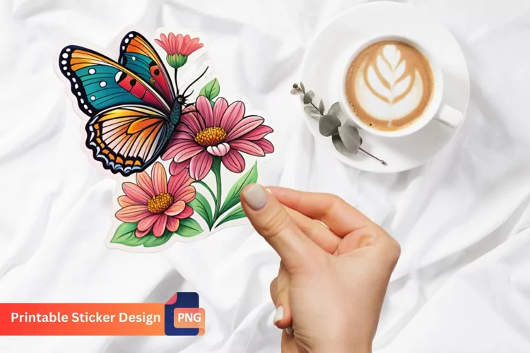 Butterfly With Flower Sticker, Decorative Butterfly Sticker