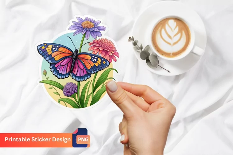 Butterfly With Flower Sticker, Decorative Butterfly Sticker