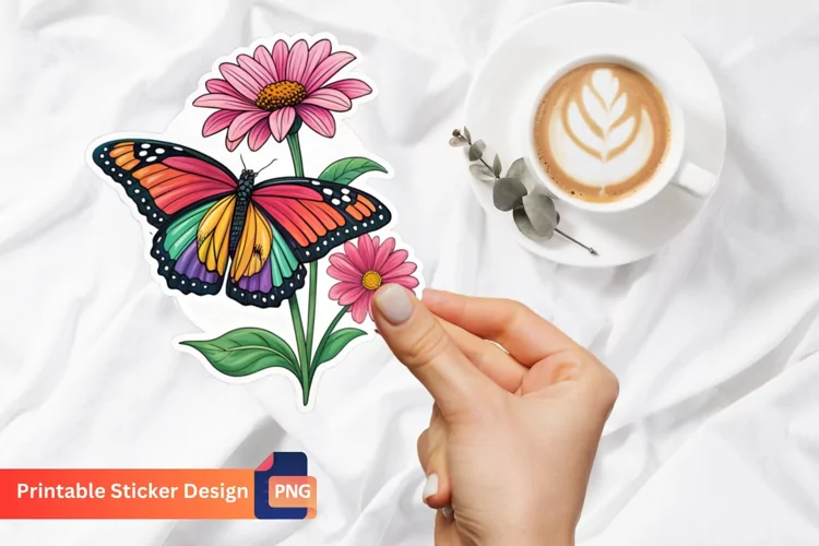 Butterfly With Flower Sticker, Decorative Butterfly Sticker