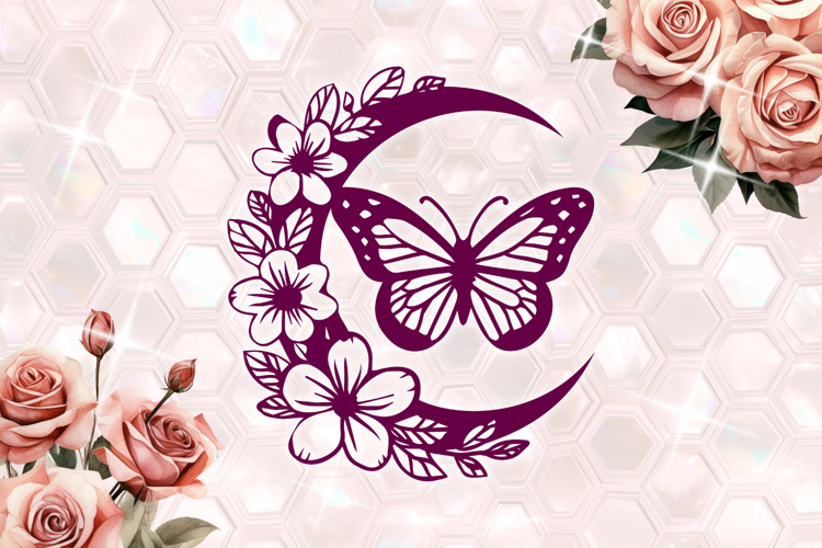 Butterfly with moon and spring flowers SVG