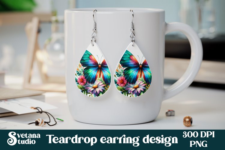 Butterfly teardrop earring | Flower earring | Earring PNG example image 1