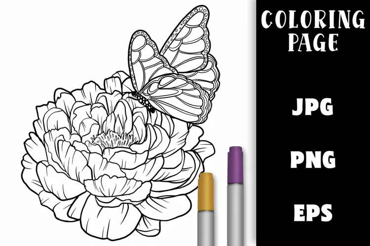 Butterfly & Peony Floral Coloring Page
