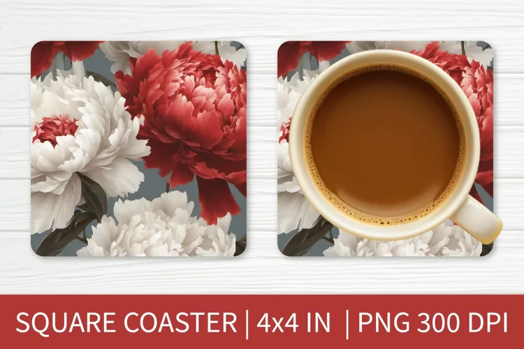 Flower Peony PNG | Square Coaster Sublimation Design