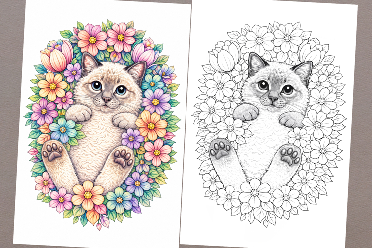Cat coloring page for adults. Adult coloring page flowers