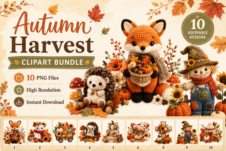 Autumn Harvest Clipart Bundle, Cute Fall PNG, Cozy Crochet