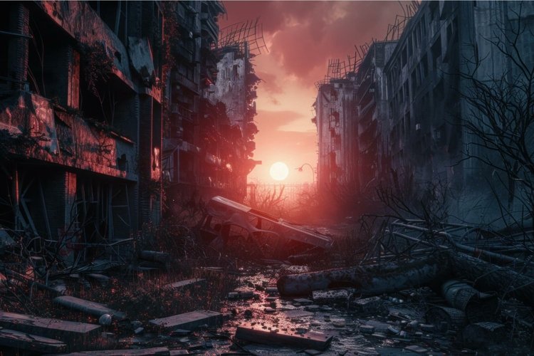 Dramatic postapocalyptic cityscape with a deep red sunset am example image 1