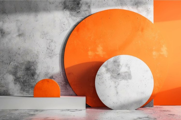 Modern abstract art installation with orange and white spher