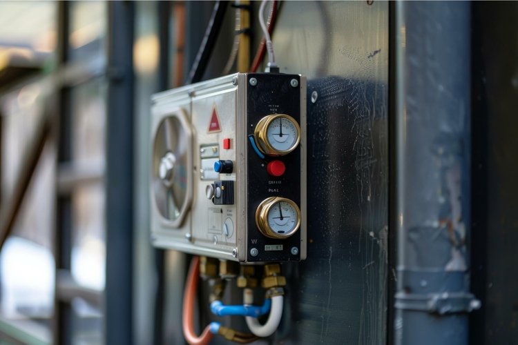 Industrial control panel with gauges and switches example image 1
