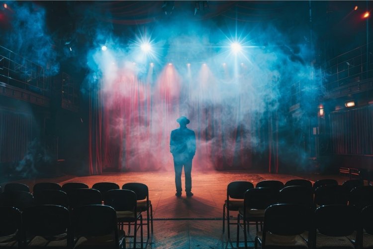 Lone performer under spotlight on stage example image 1