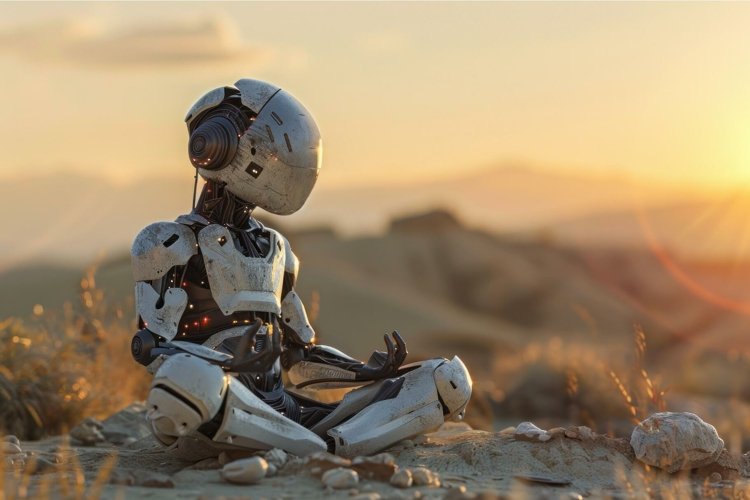 Pensive robot in sunset desert landscape